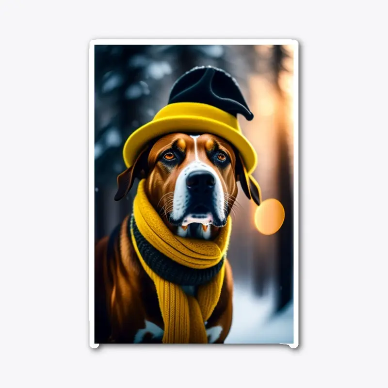 Dog bundled in hat and scarf in forest