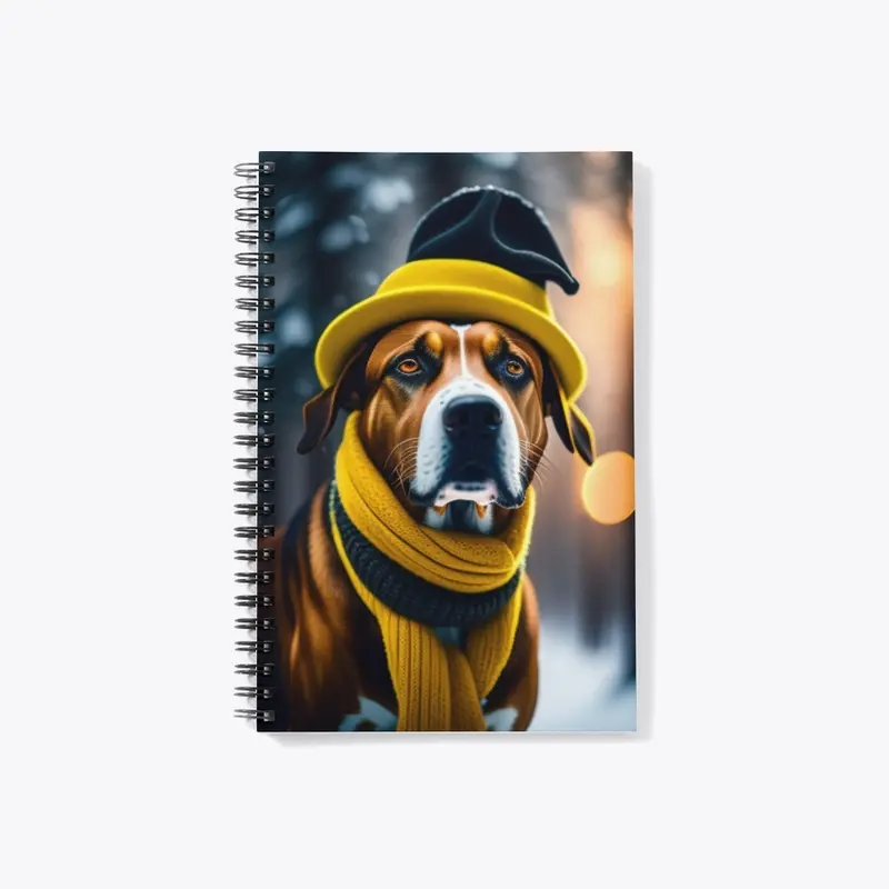 Dog bundled in hat and scarf in forest